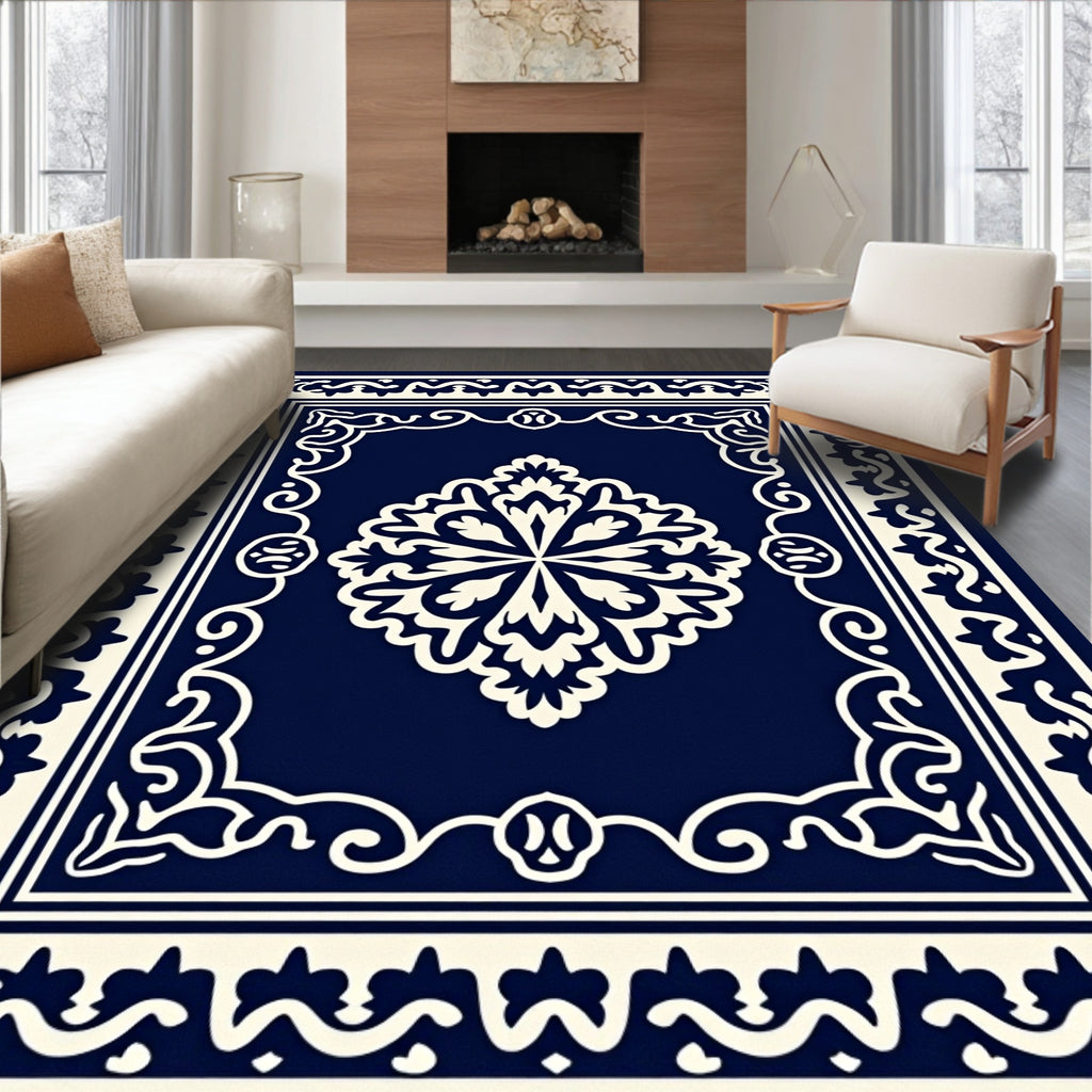 Navy Cream Ornate Floral Medallion Rug