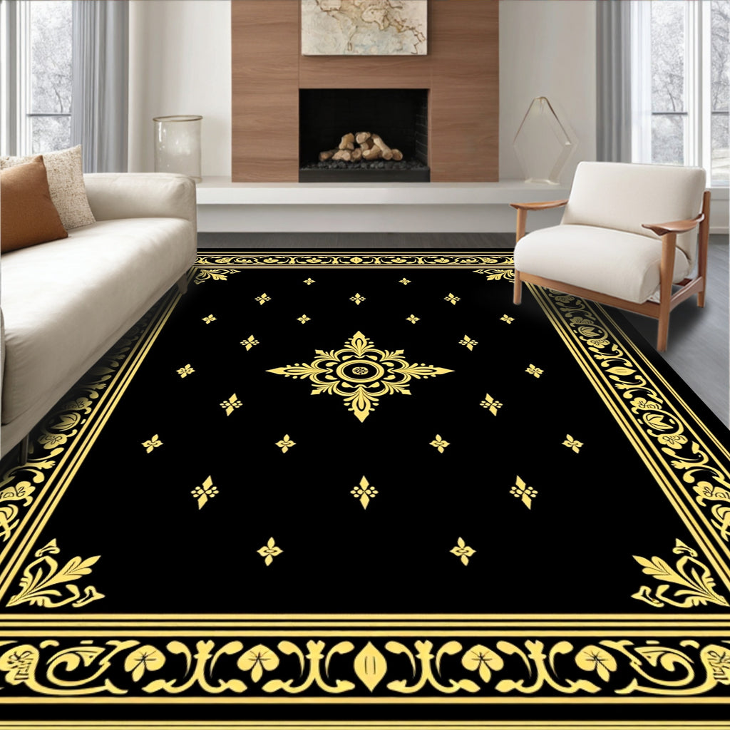 Elegant Black Golden Floral Border Rug
