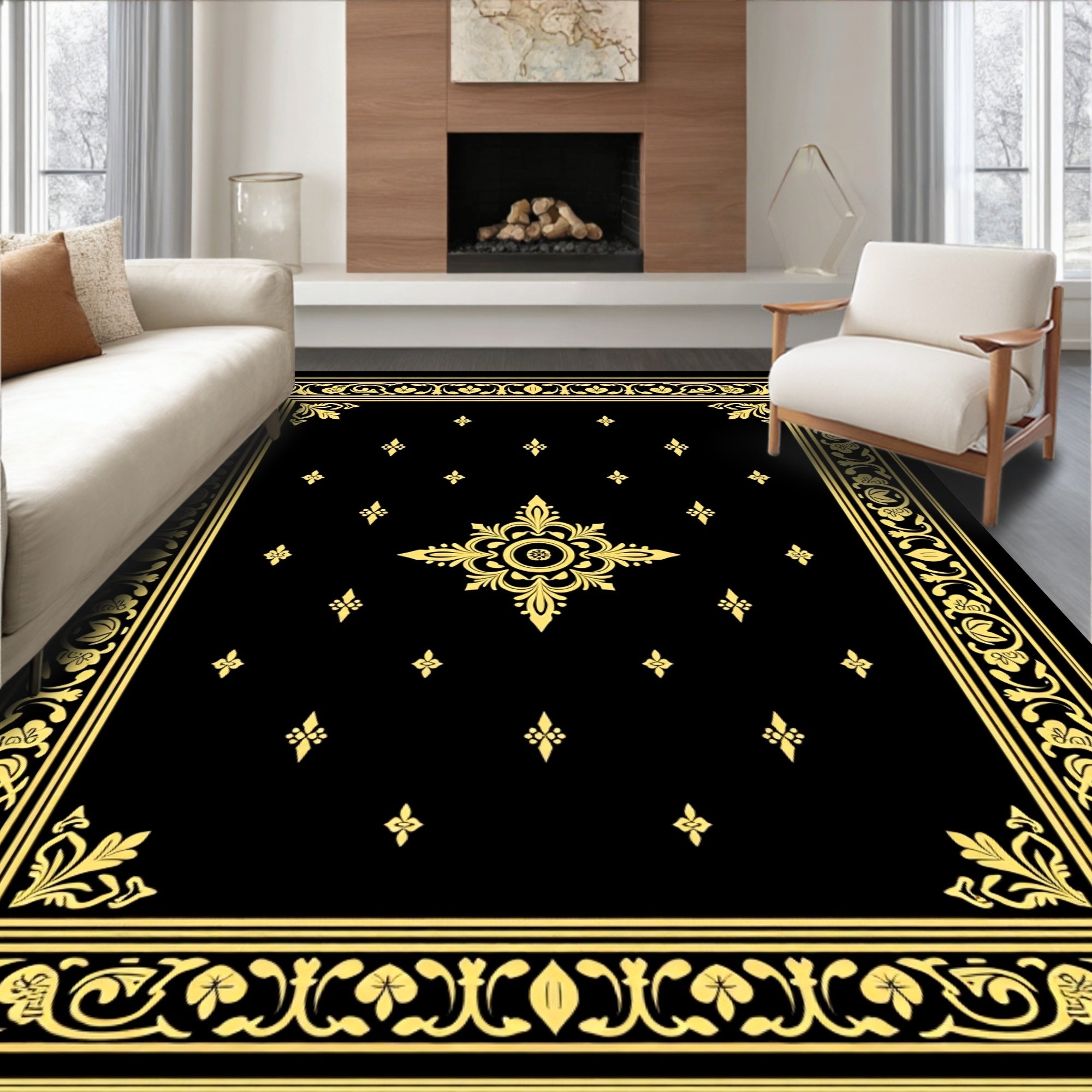 Elegant Black Golden Floral Border Rug
