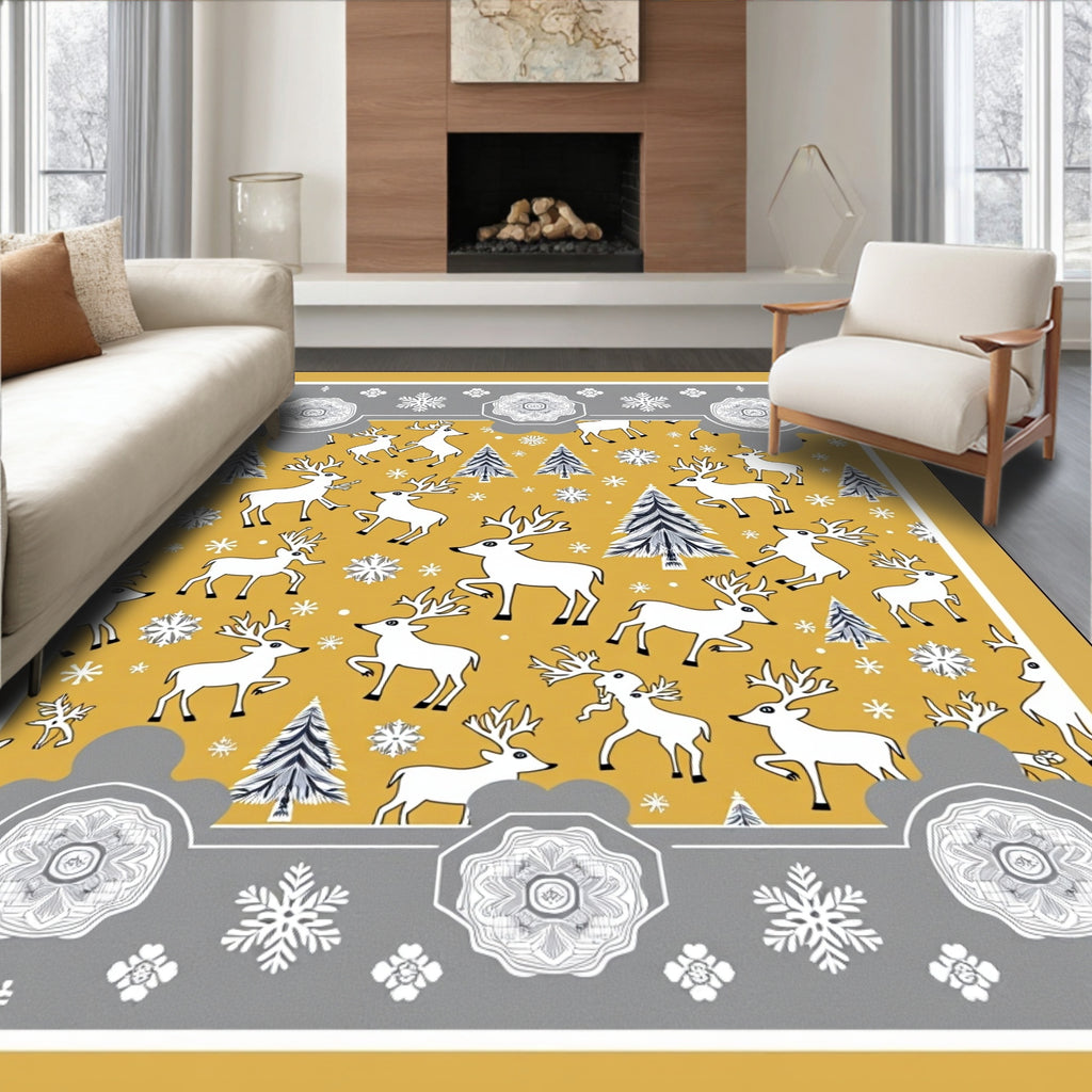 Gold White Deer Snowflakes Forest Border Rug