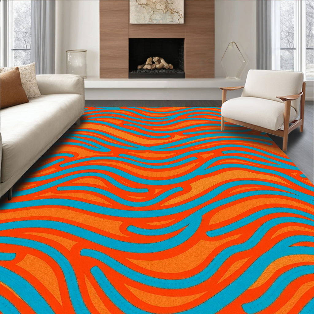 Vibrant Orange Teal Wave Swirl Rug