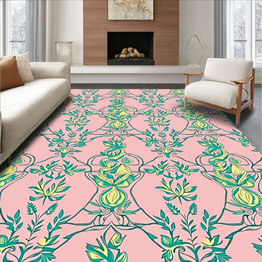 Pink Teal Yellow Botanical Vine Arrangement Rug