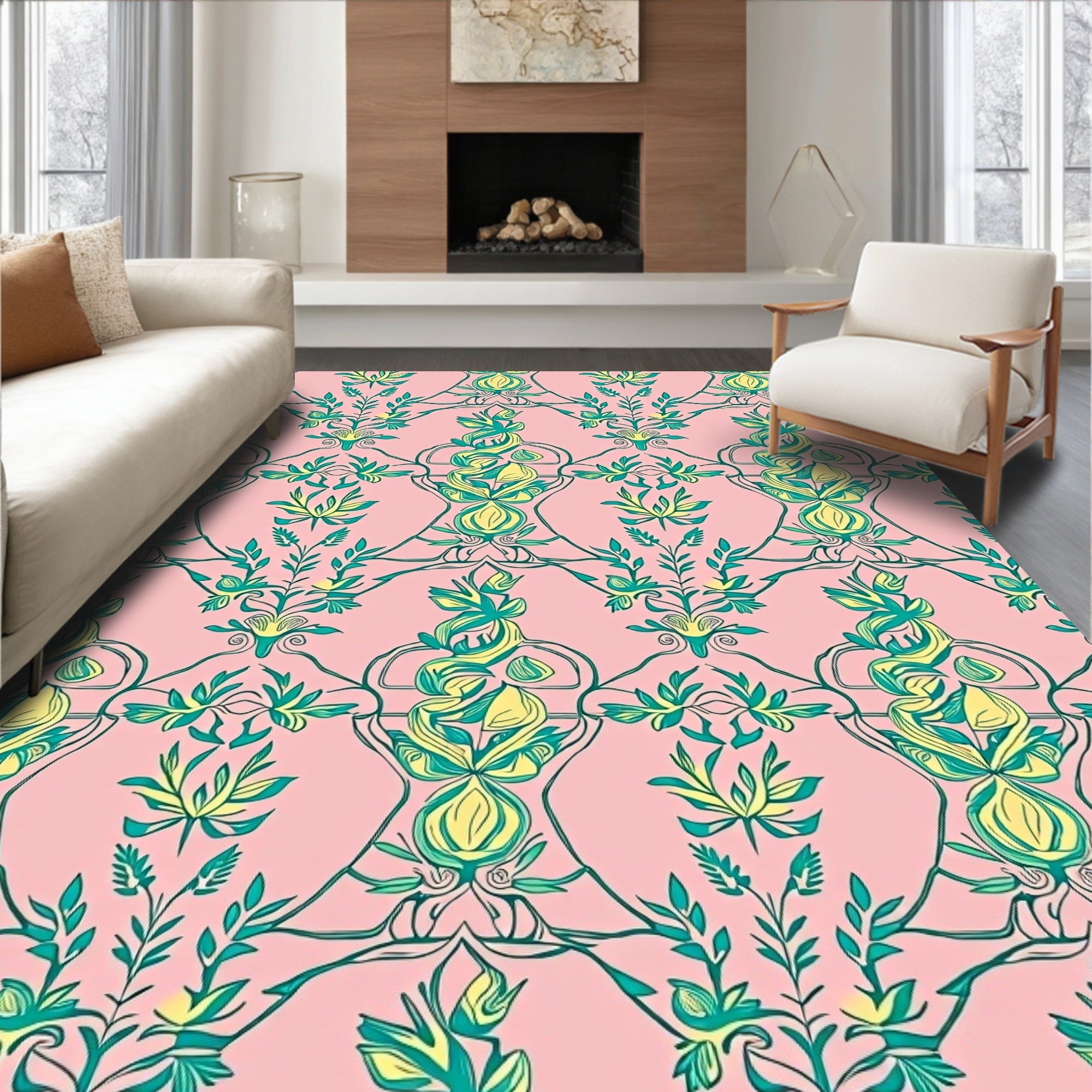 Pink Teal Yellow Botanical Vine Arrangement Rug