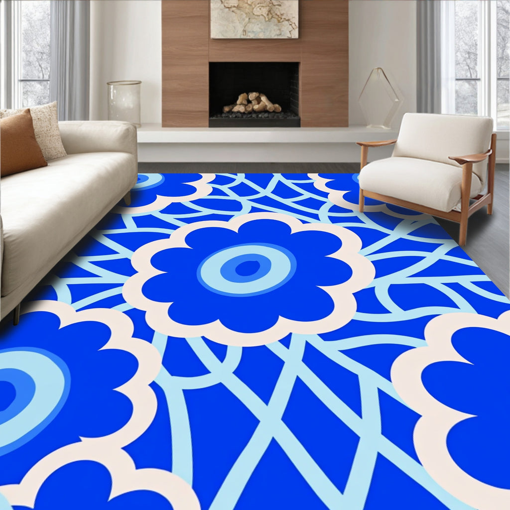 Bold Blue Retro Floral Net Rug