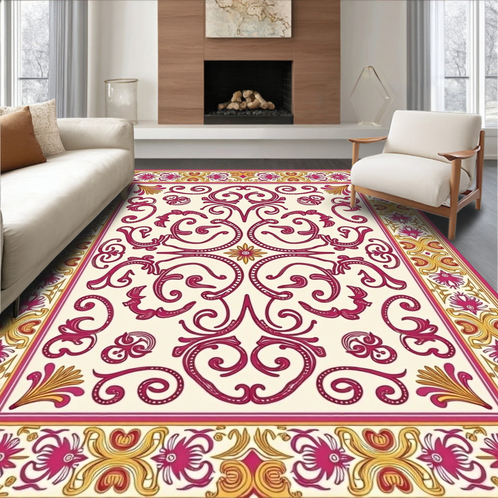 Fuchsia Gold Scrollwork Floral Archway Rug