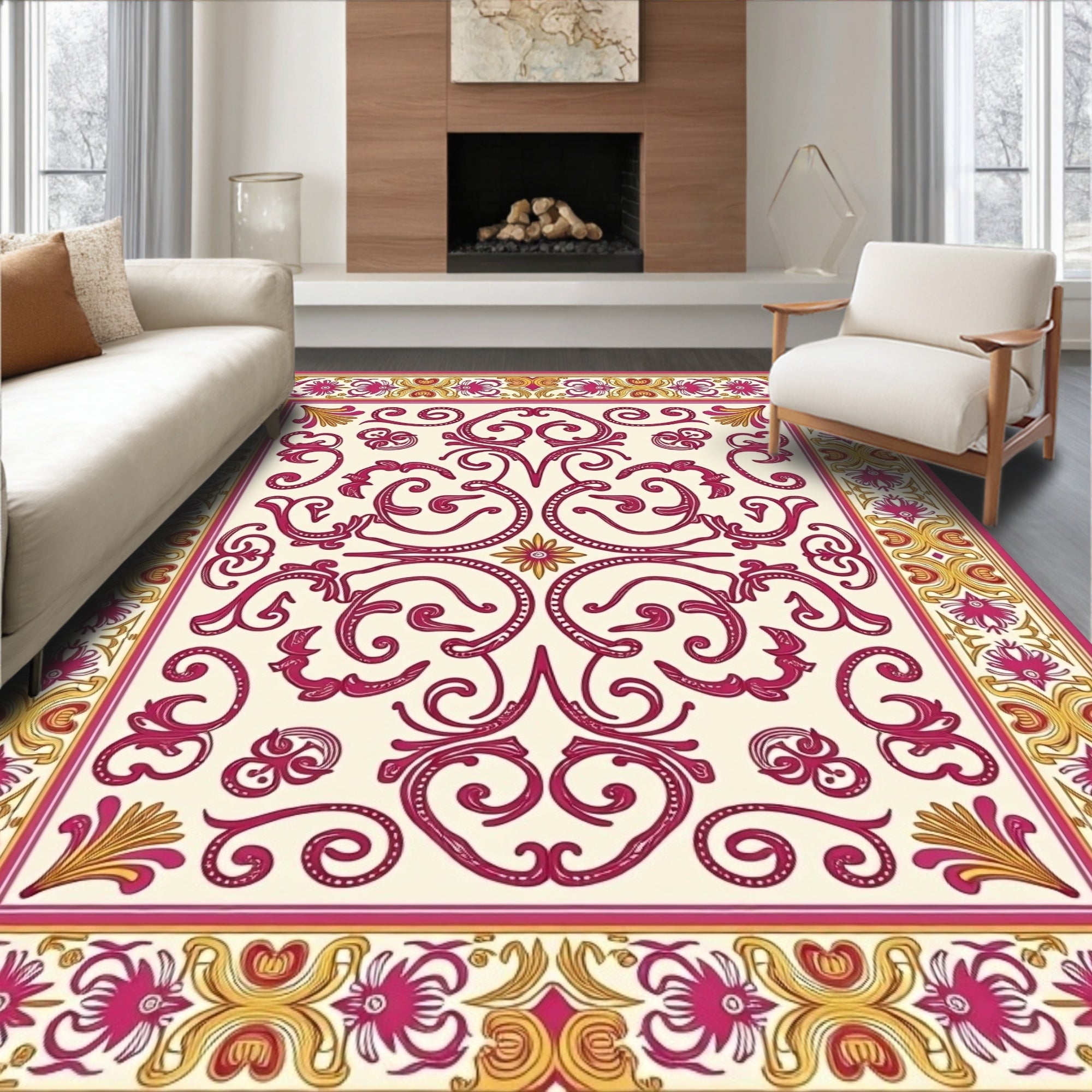 Fuchsia Gold Scrollwork Floral Archway Rug