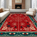Red Cream Green Folk Floral Geometric Rug