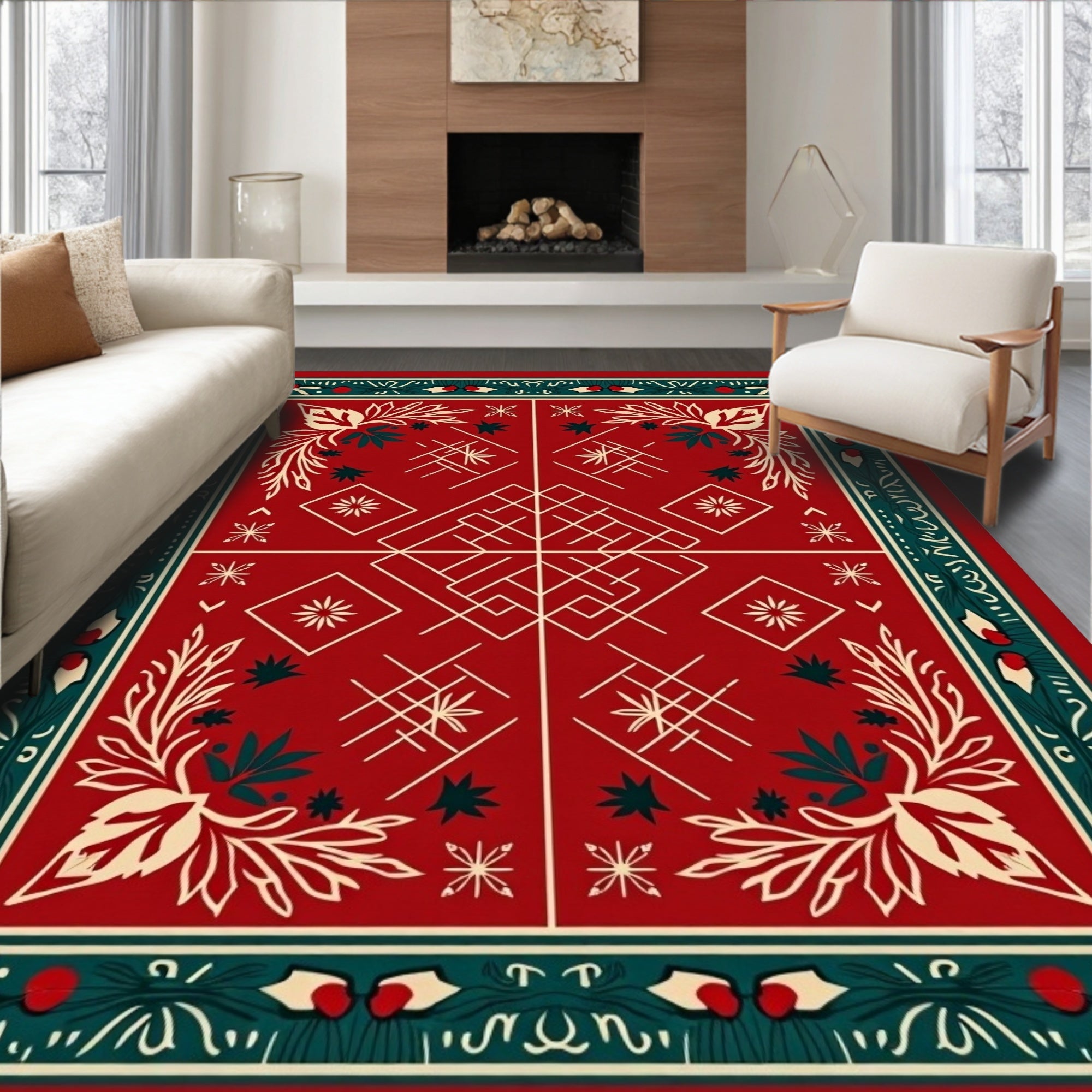 Red Cream Green Folk Floral Geometric Rug