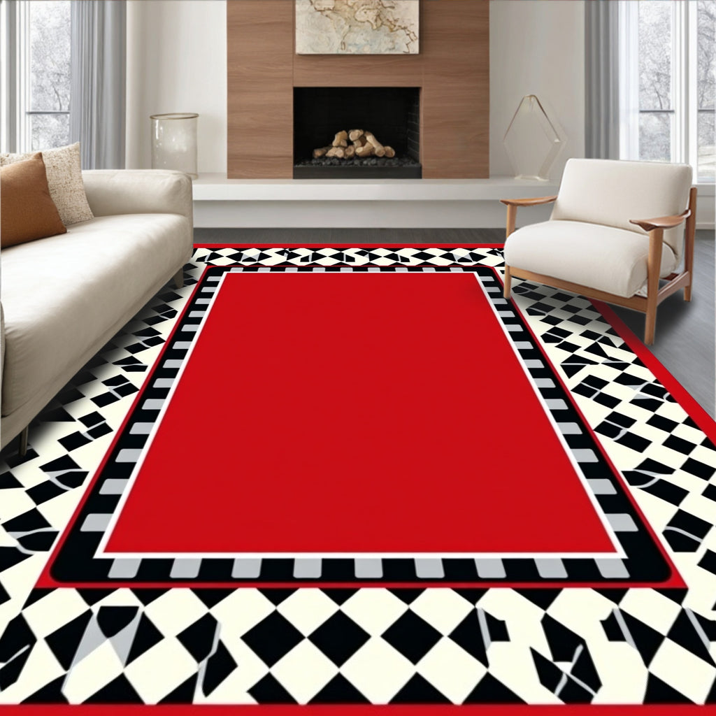 Bold Red Black White Checkerboard Border Rug