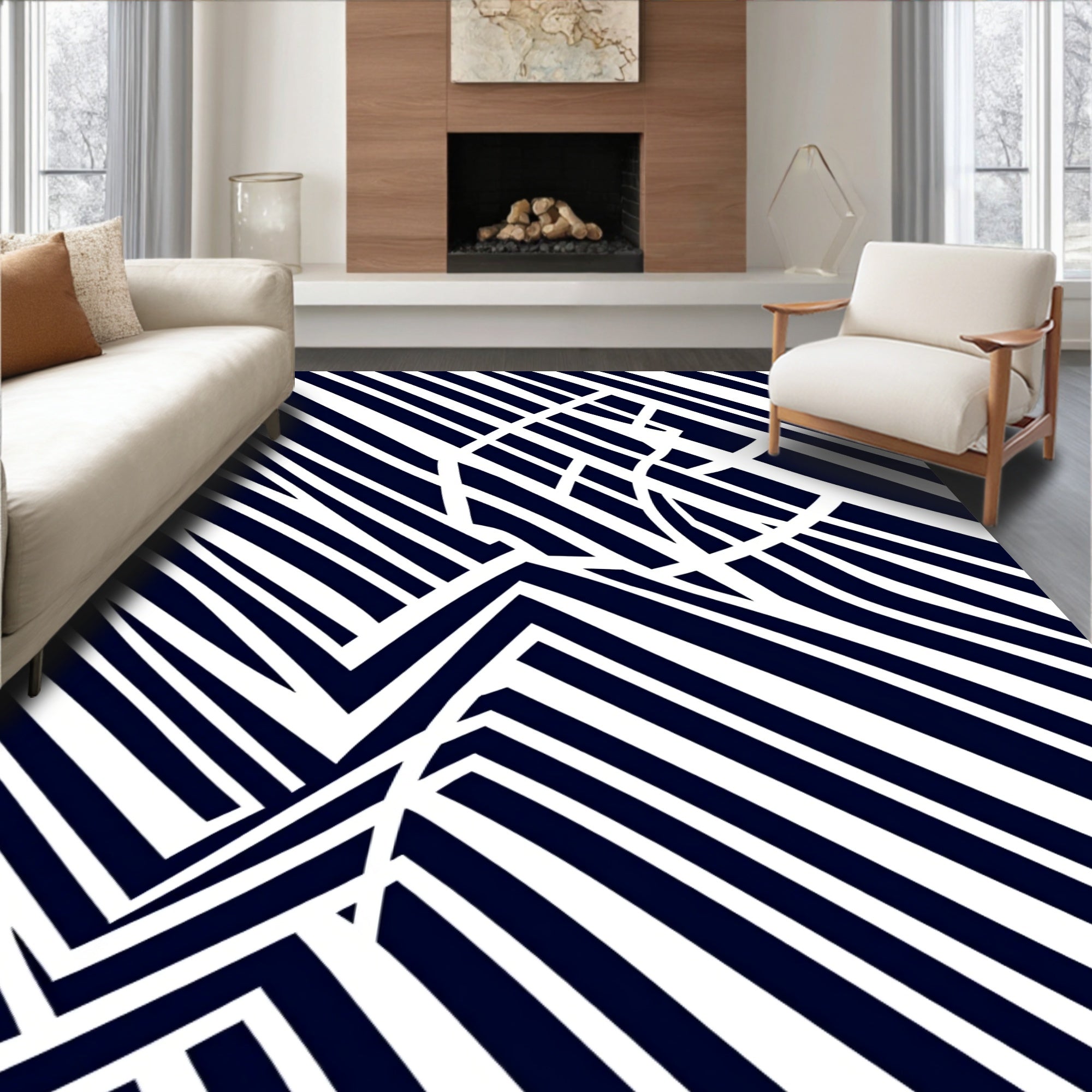 Navy White Geometric Angled Stripe Rug