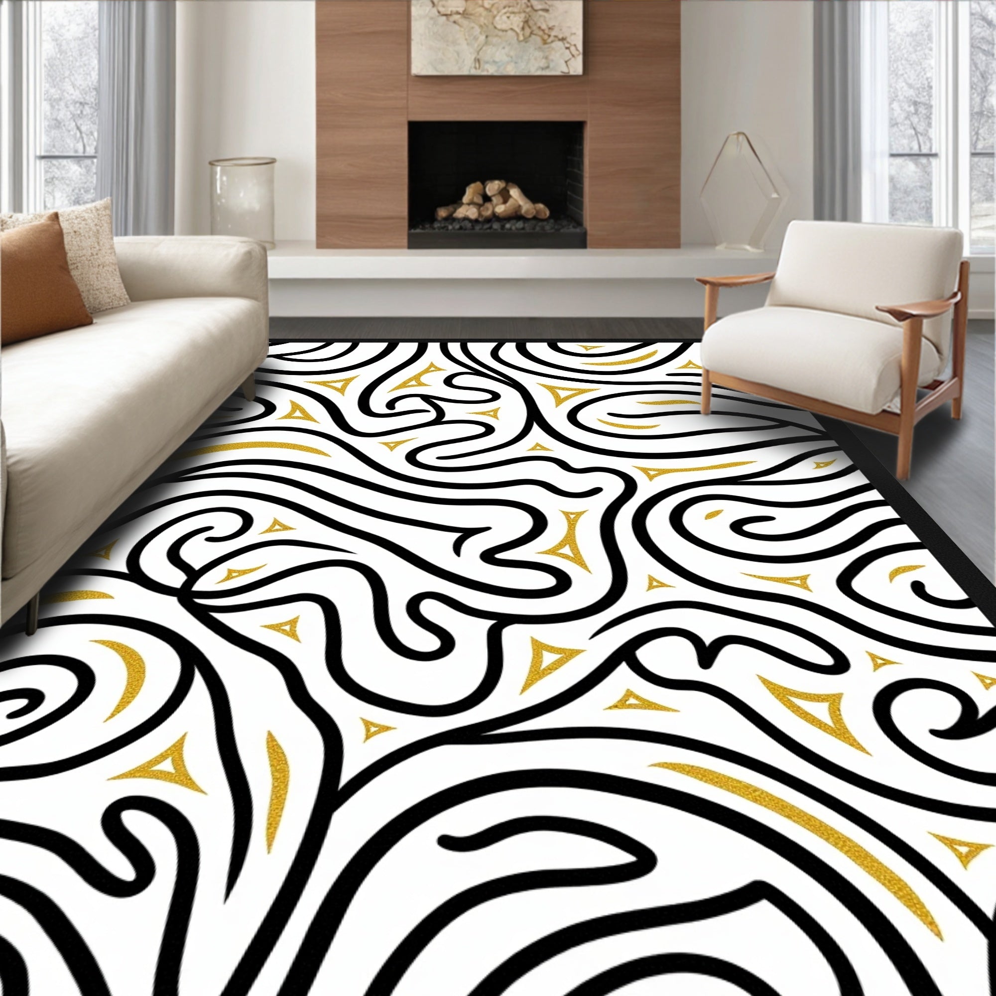 Black Gold Swirl Abstract Triangle Rug