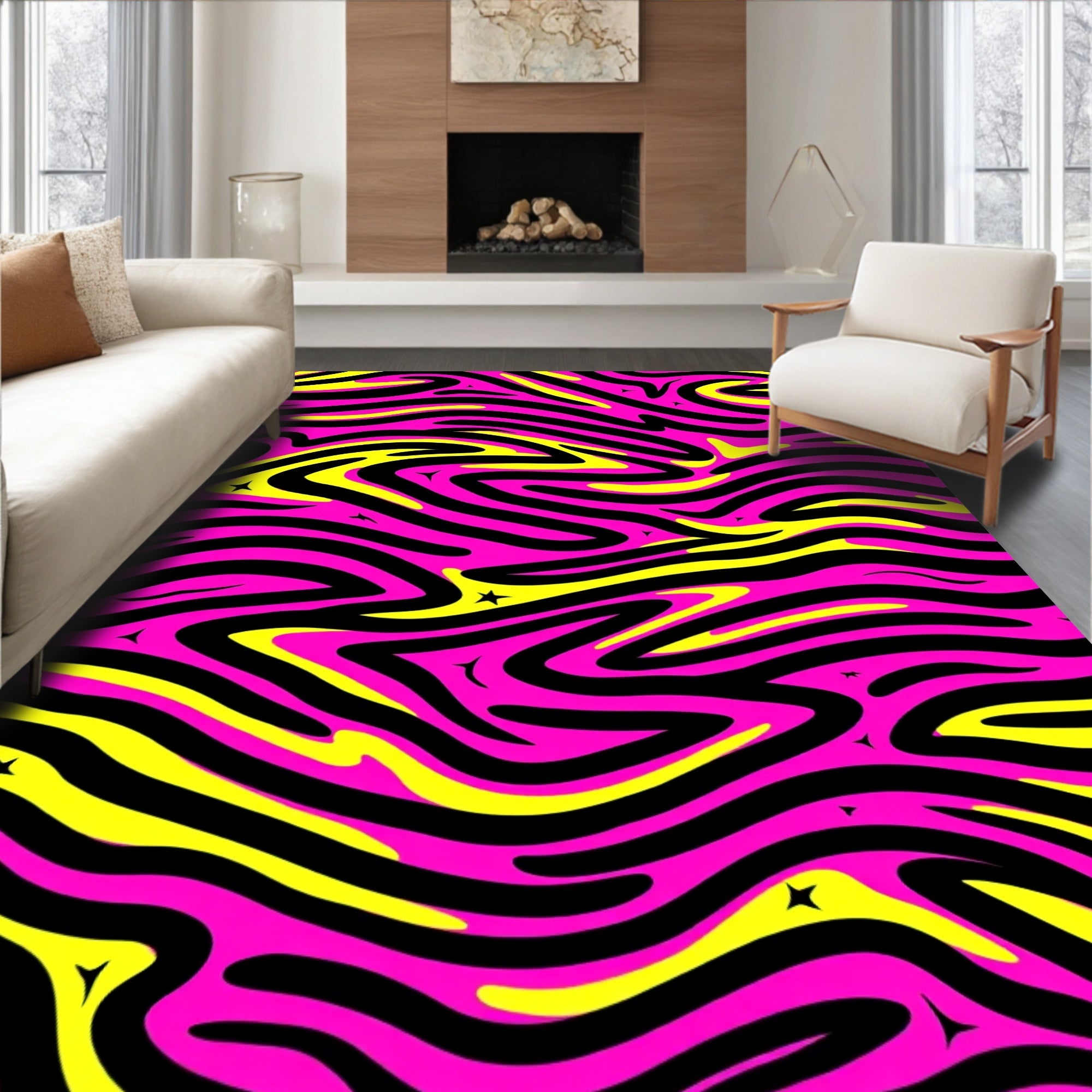 Vivid Pink Black Yellow Wavy Stars Rug