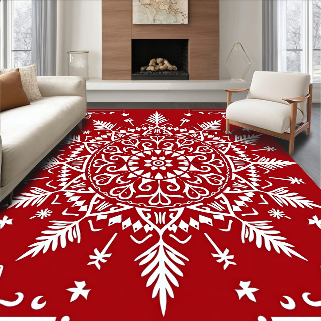 Crimson White Starburst Mandala Rug