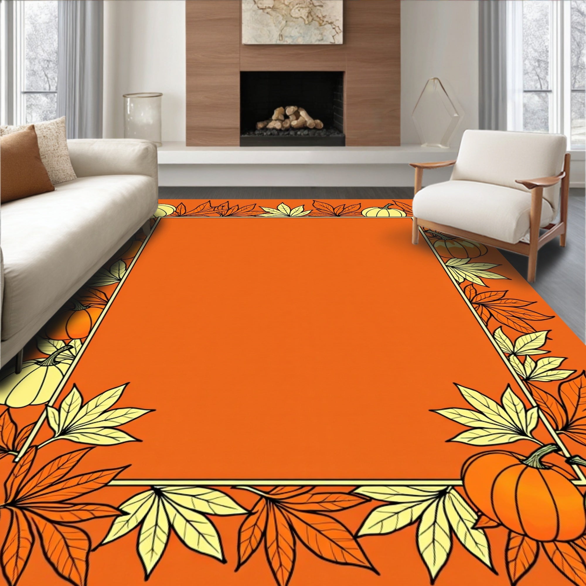 Orange Pumpkin Leaf Border Rug