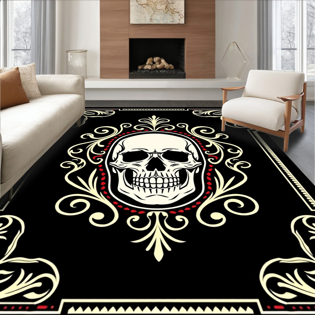 Black Cream Red Skull Ornate Rug