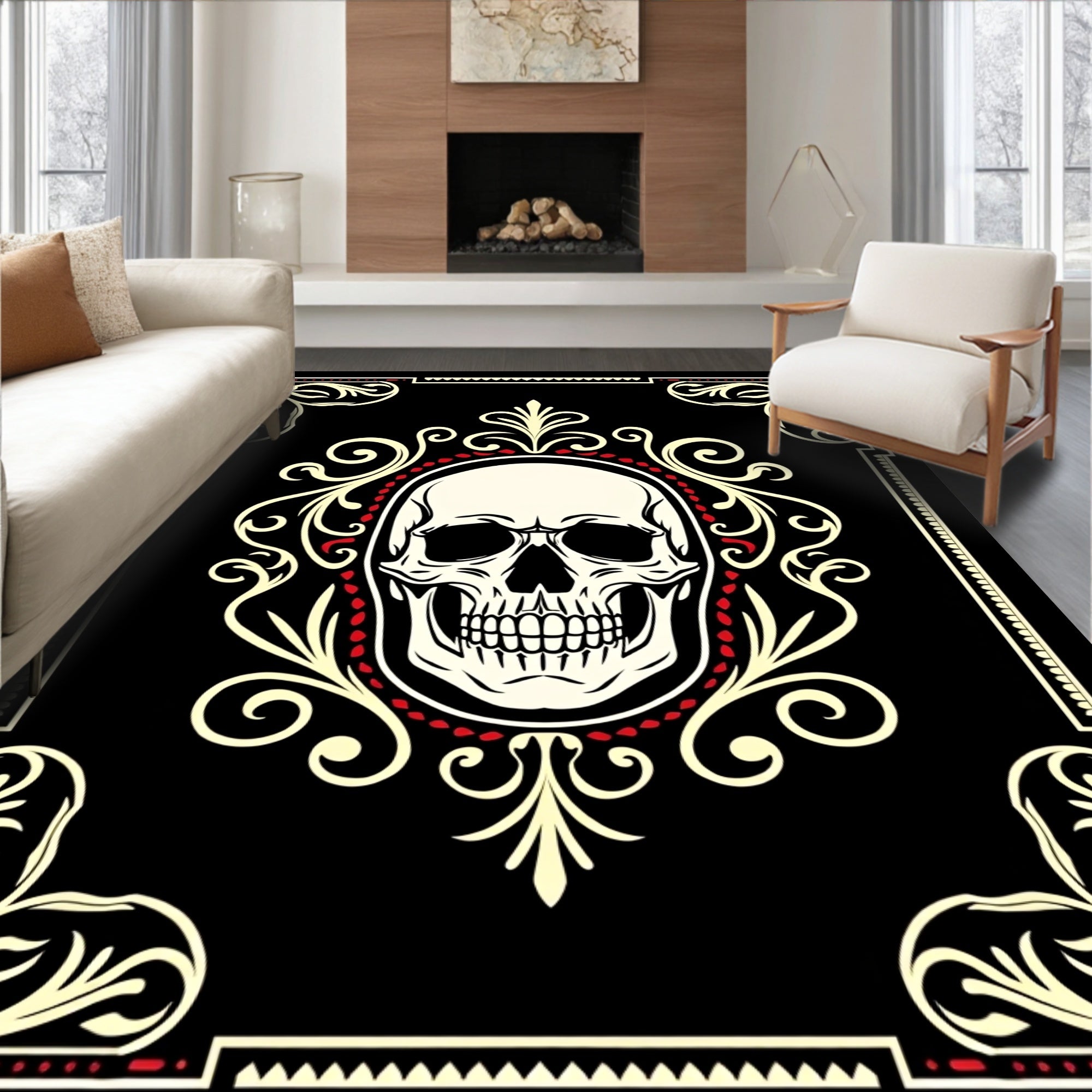 Black Cream Red Skull Ornate Rug
