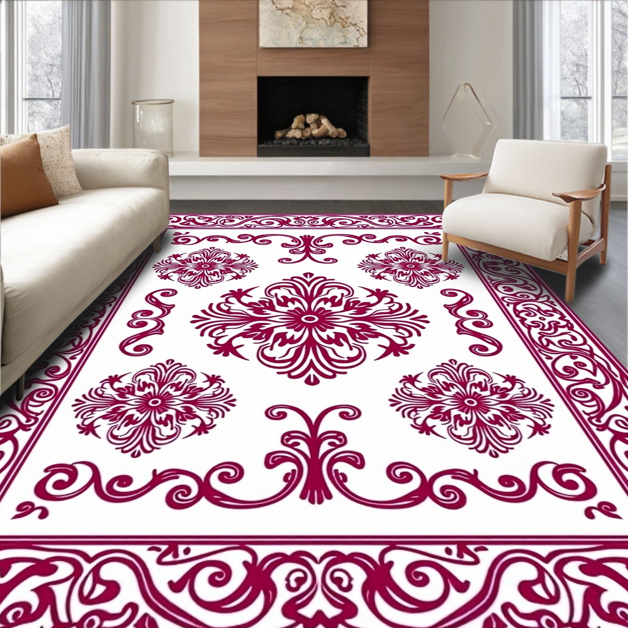 Ornate Burgundy Swirl Central Bloom Rug