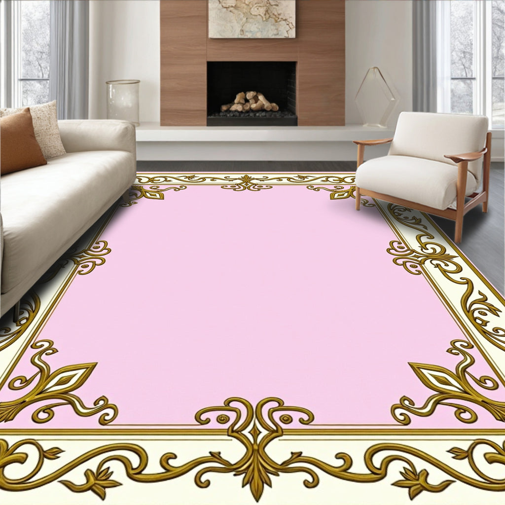Ornate Gold Floral Border Cream Rug