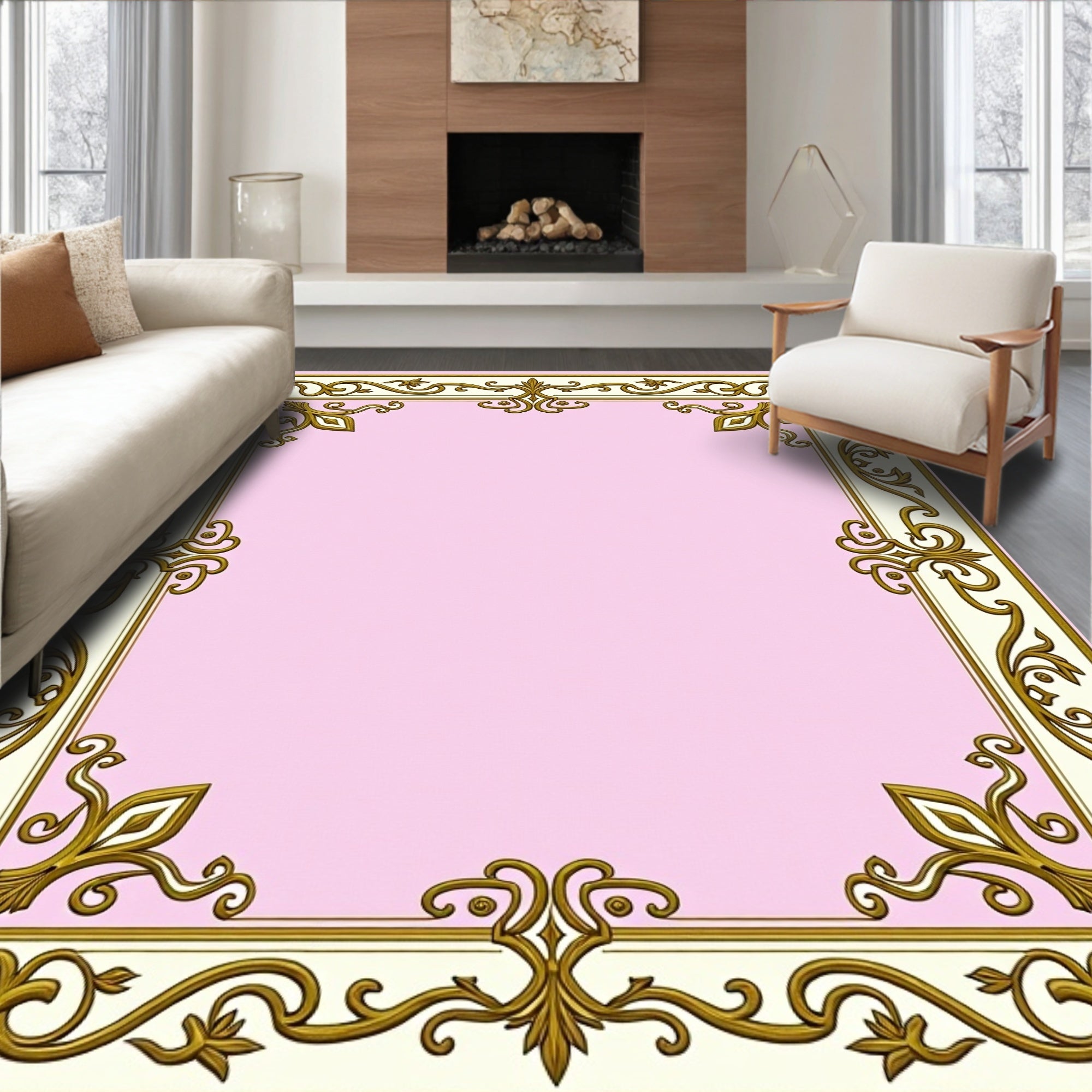 Ornate Gold Floral Border Cream Rug
