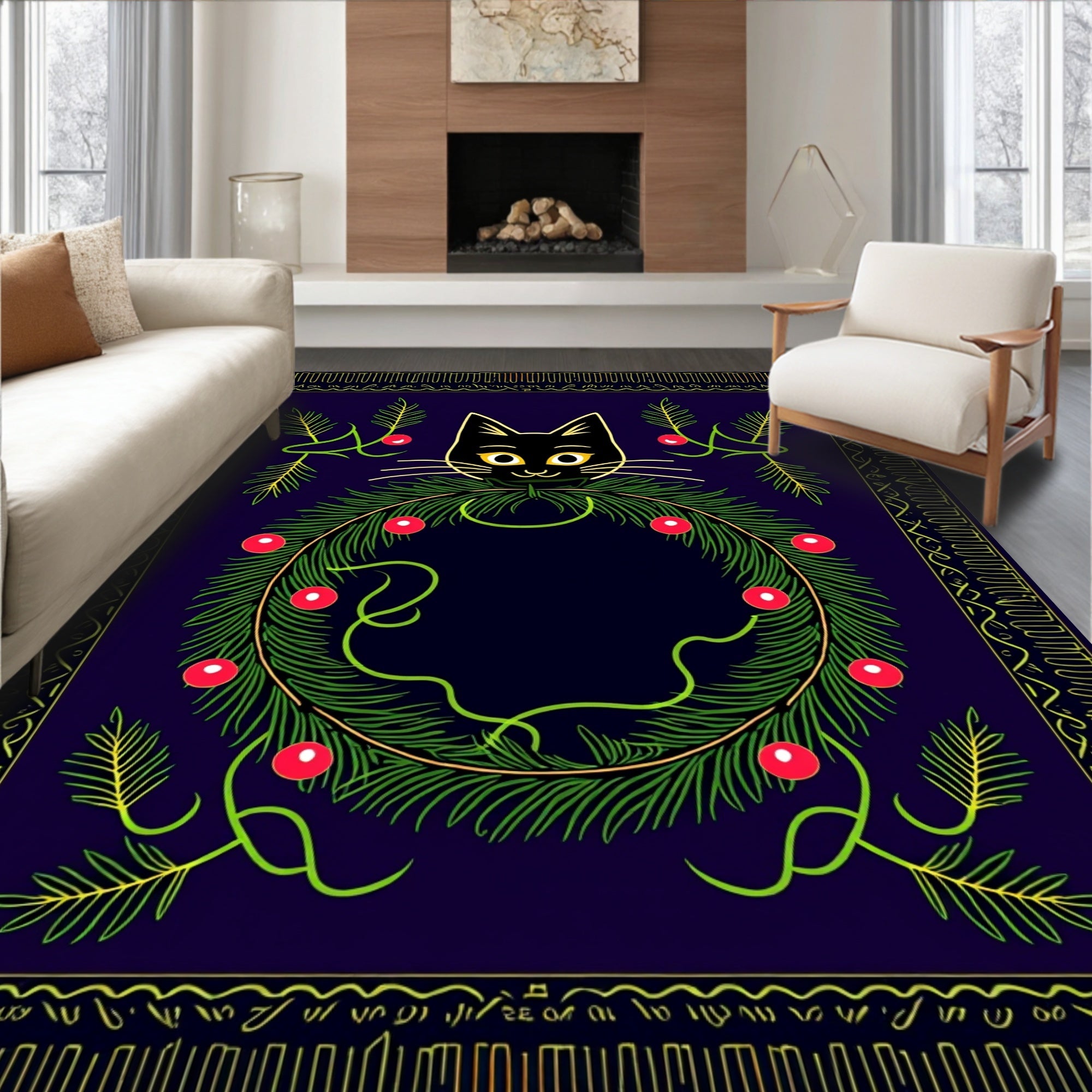 Black Cat Wreath Holiday Card Rug