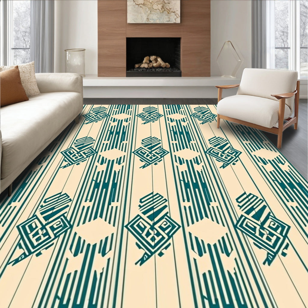 Cream Teal Geometric Diamond Stripes Rug