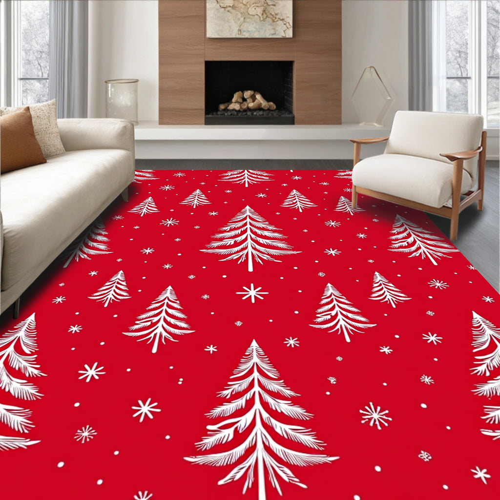 Red White Christmas Tree Snowflakes Rug