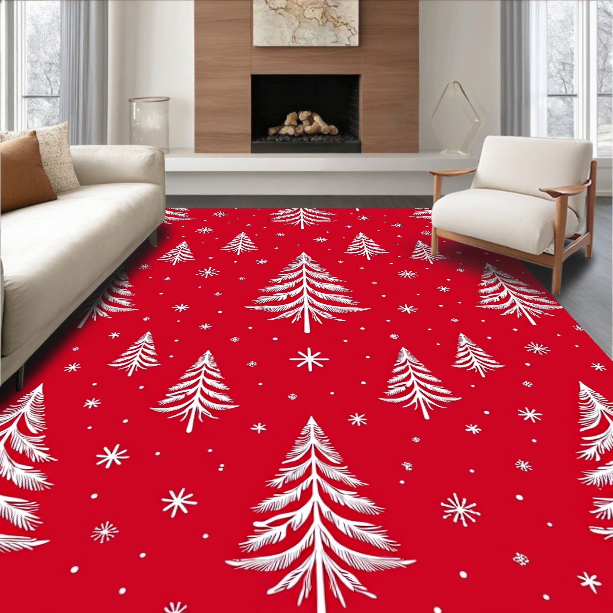 Red White Christmas Tree Snowflakes Rug