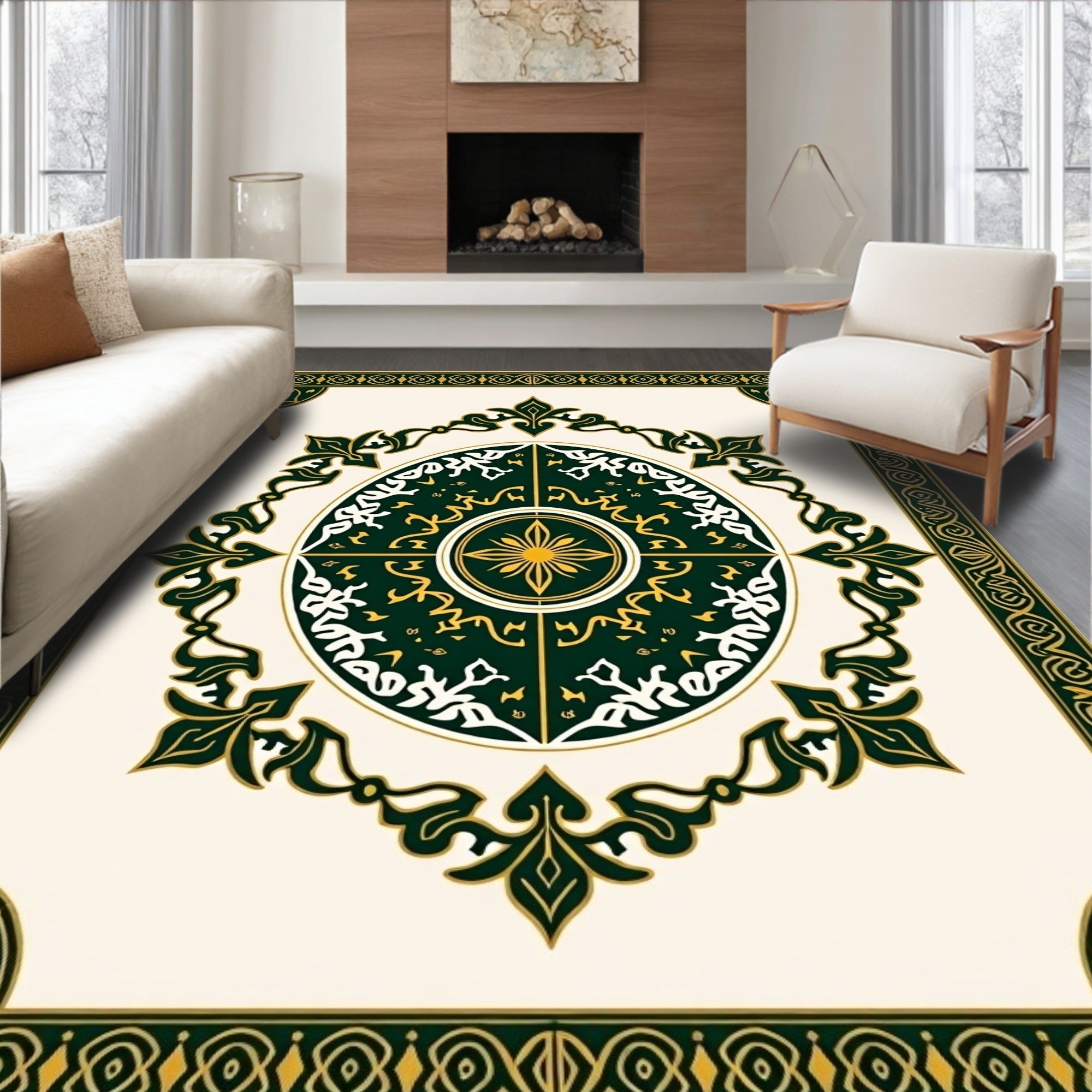 Emerald Green Golden Floral Medallion Rug