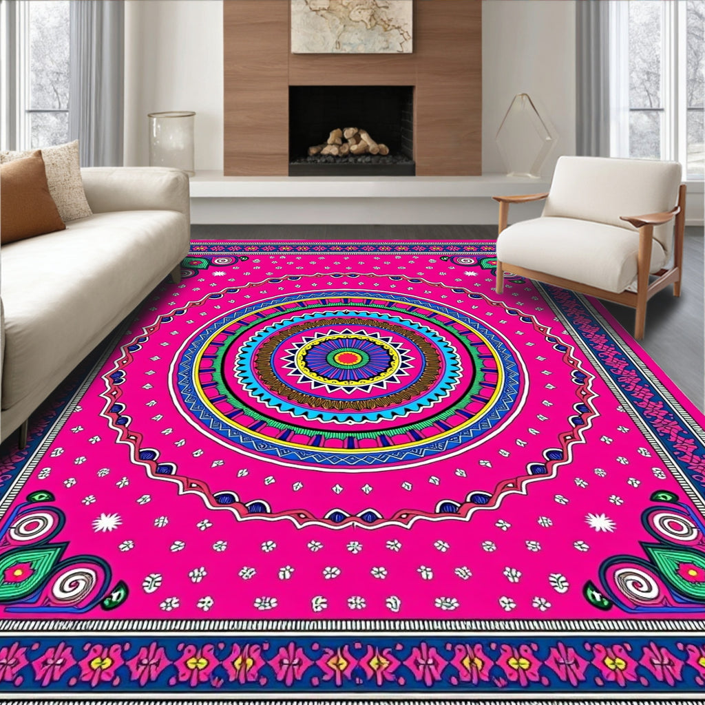 Vibrant Pink Symmetrical Mandala Rug