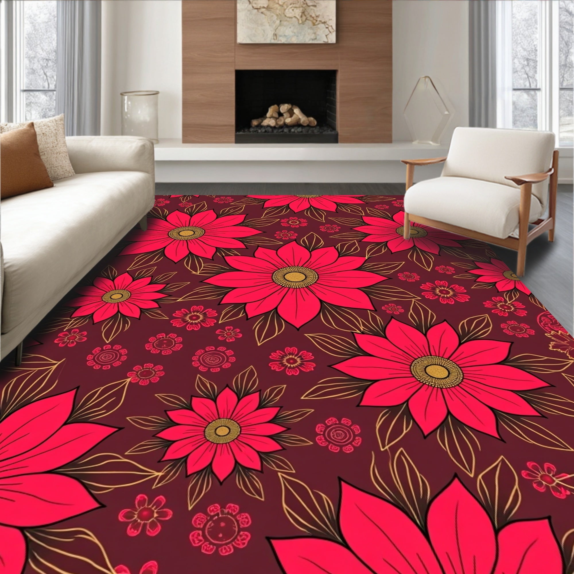 Crimson Red Floral Medallion Background Rug