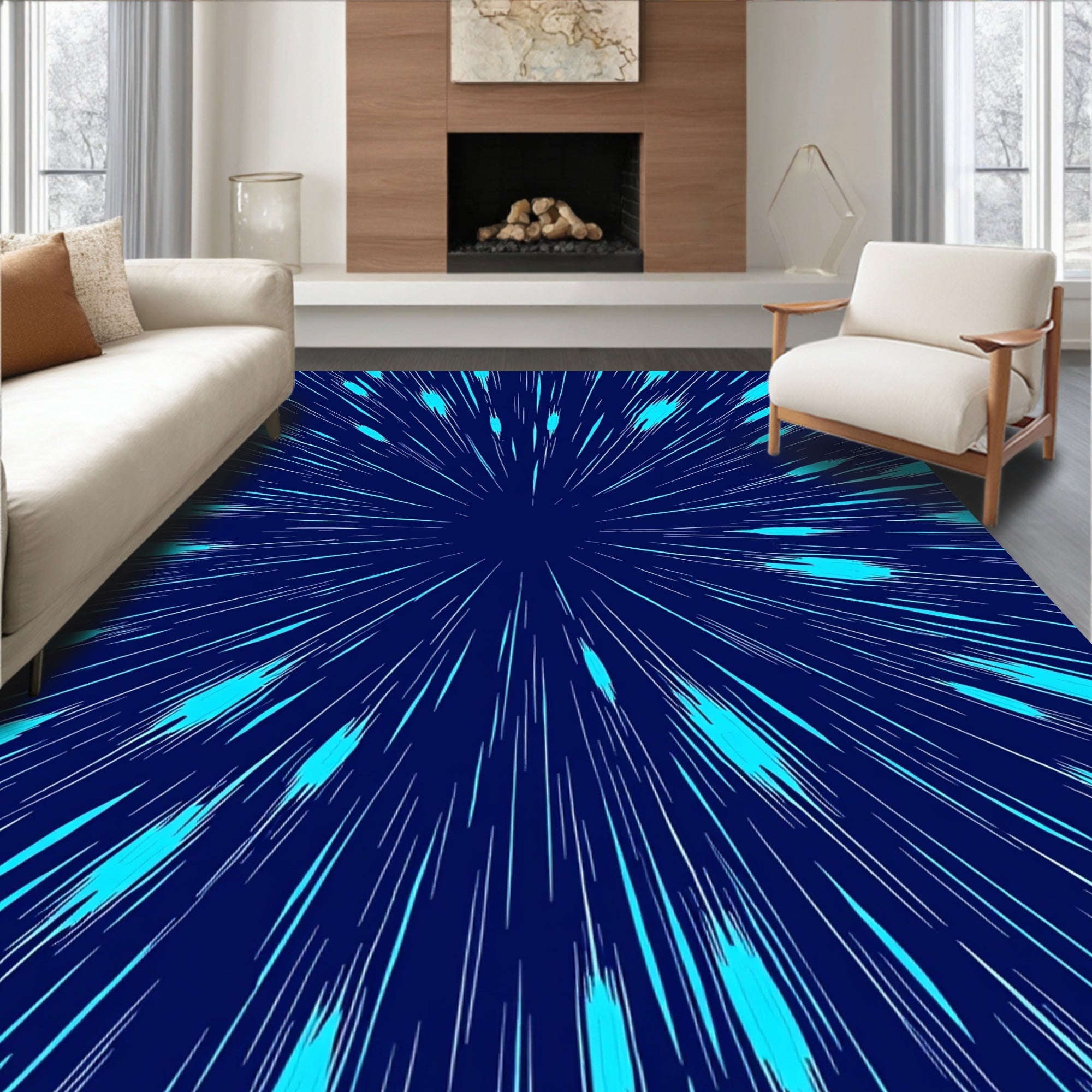 Electric Blue Burst Radial Lines Rug