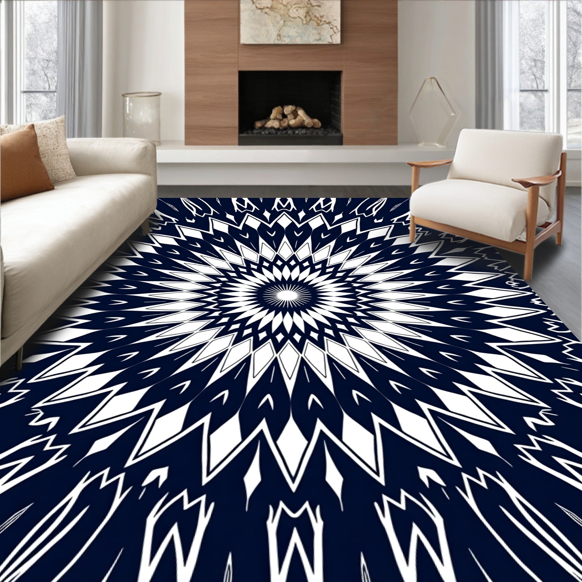 Bold Indigo Symmetrical Sunburst Rug