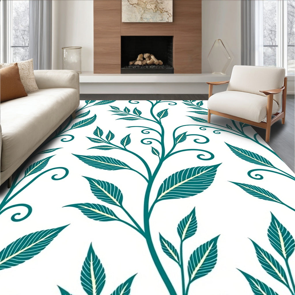 Teal Vine Leaf Swirl Organic Rug