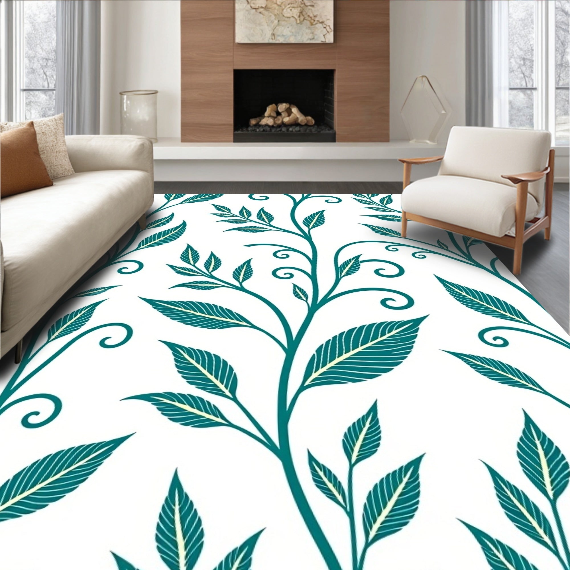 Teal Vine Leaf Swirl Organic Rug