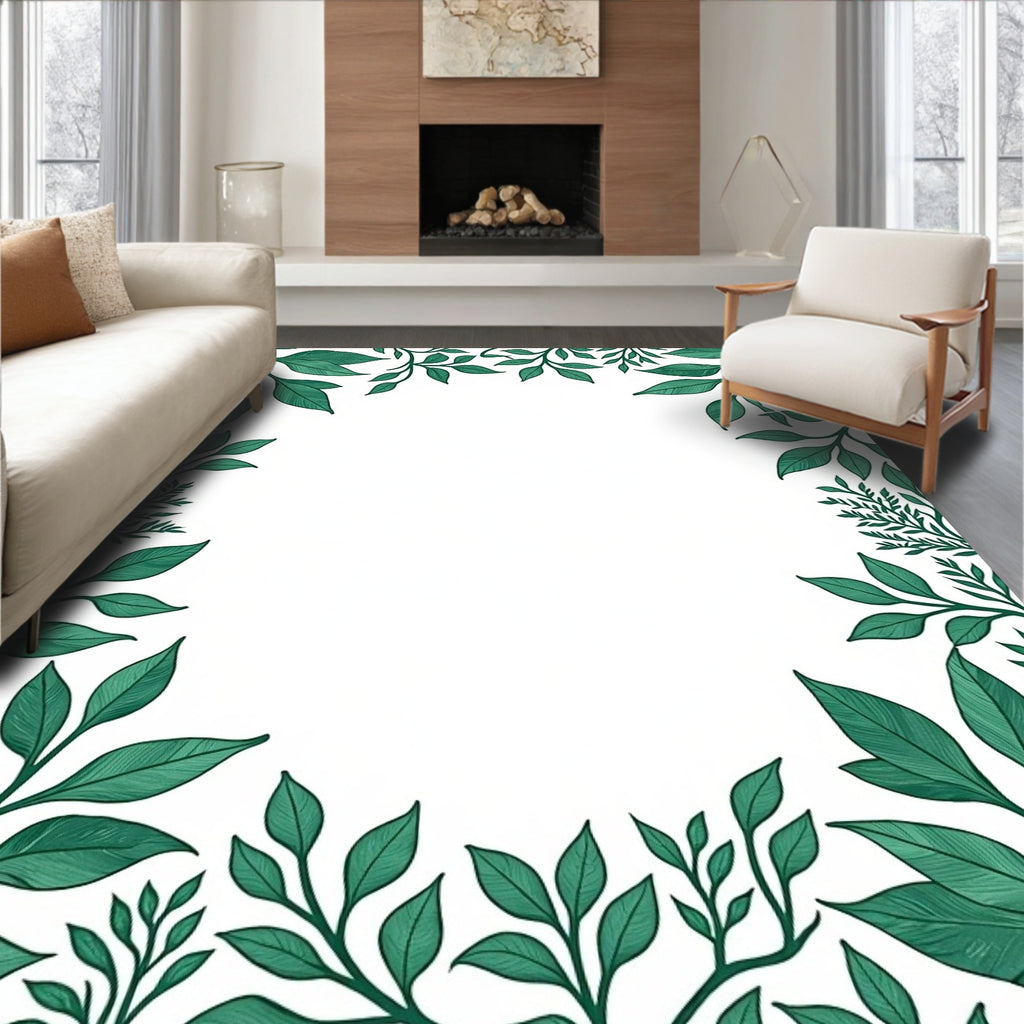 Emerald Green Leafy Vine Border Rug