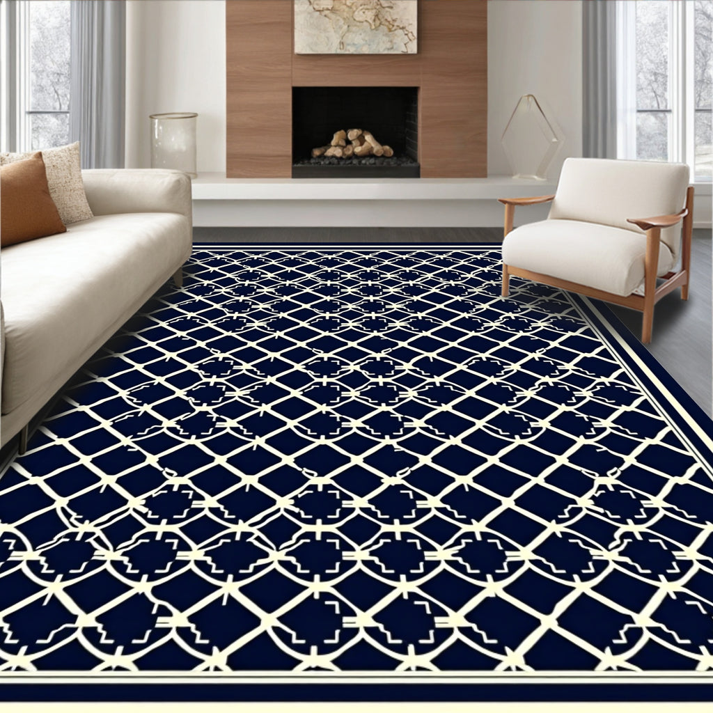 Navy Cream Interlocking Lattice Rug