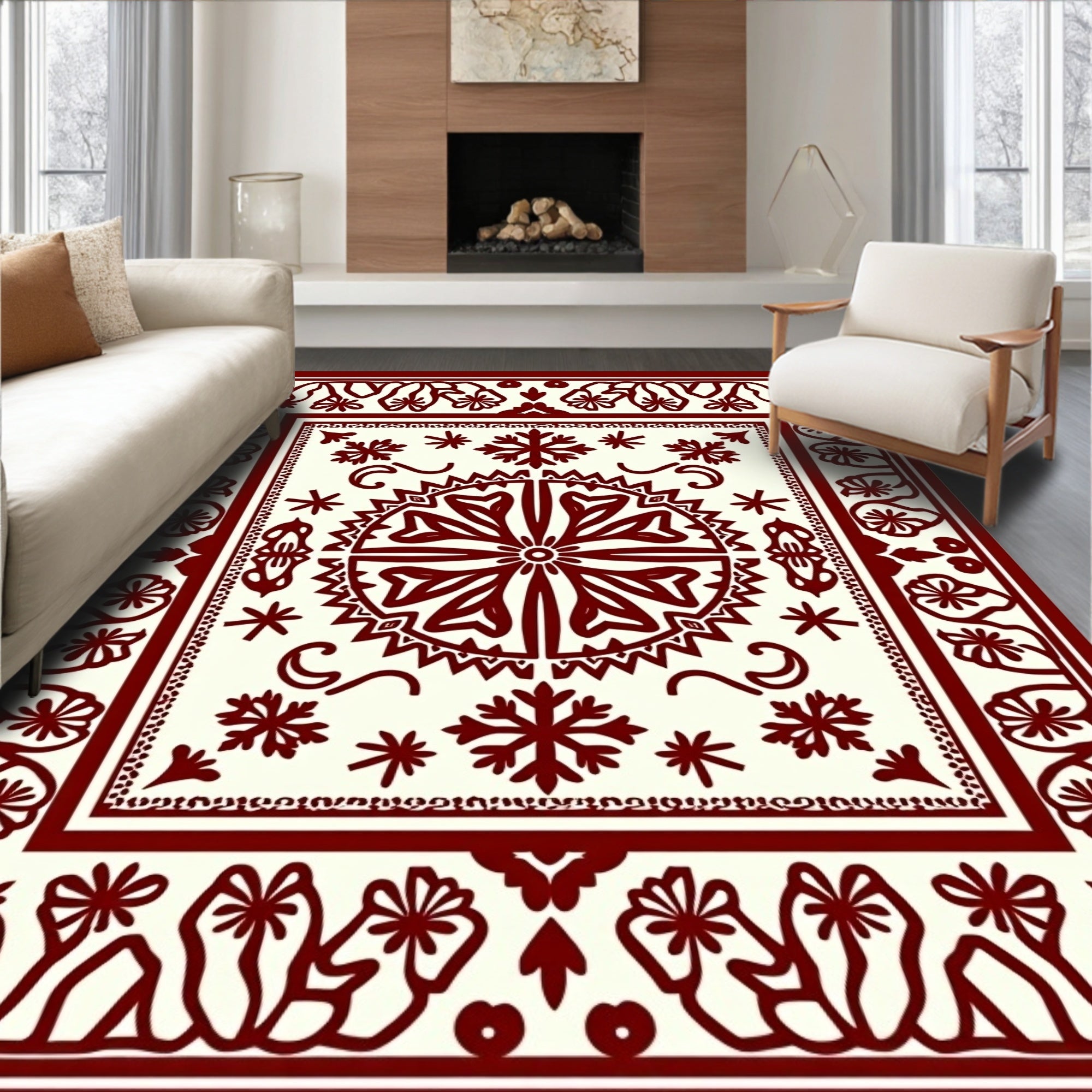 Deep Red Stylized Floral Medallion Rug