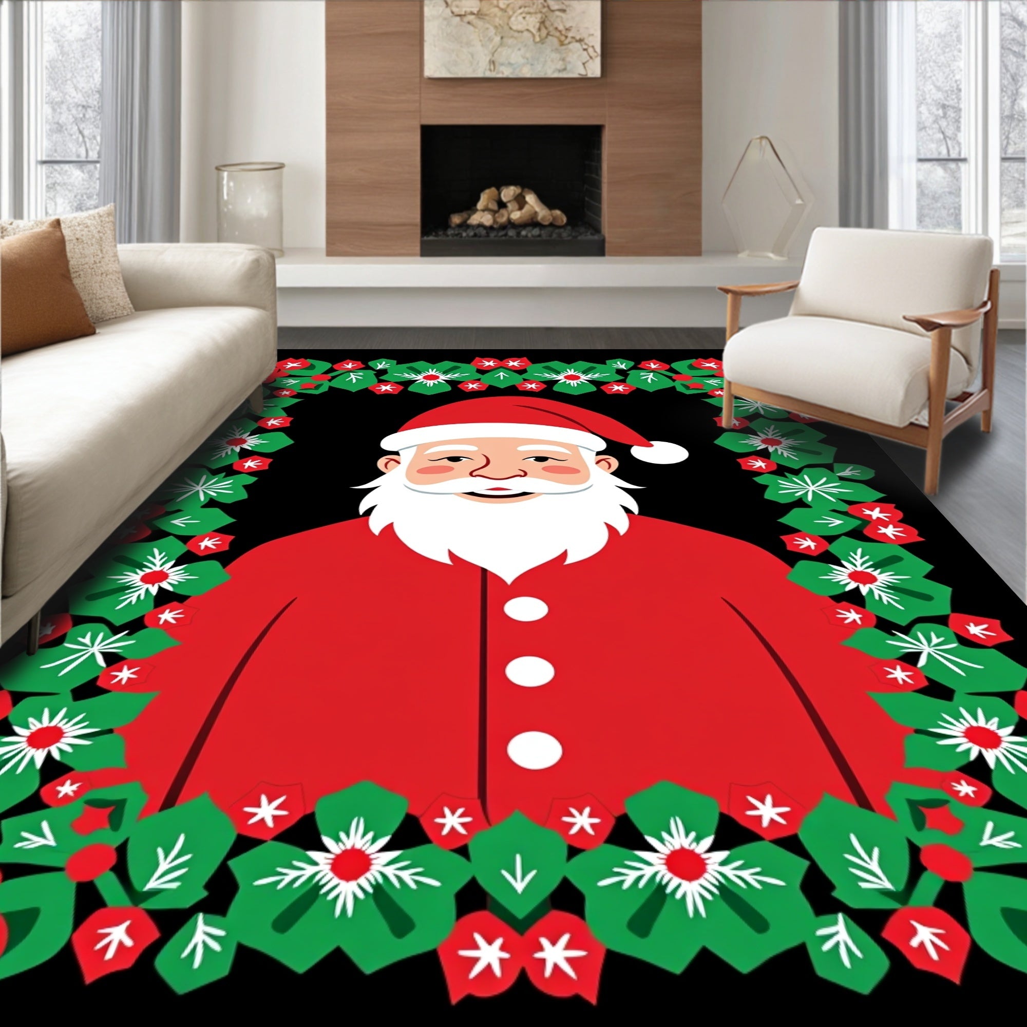Festive Santa Claus Holly Garland Rug