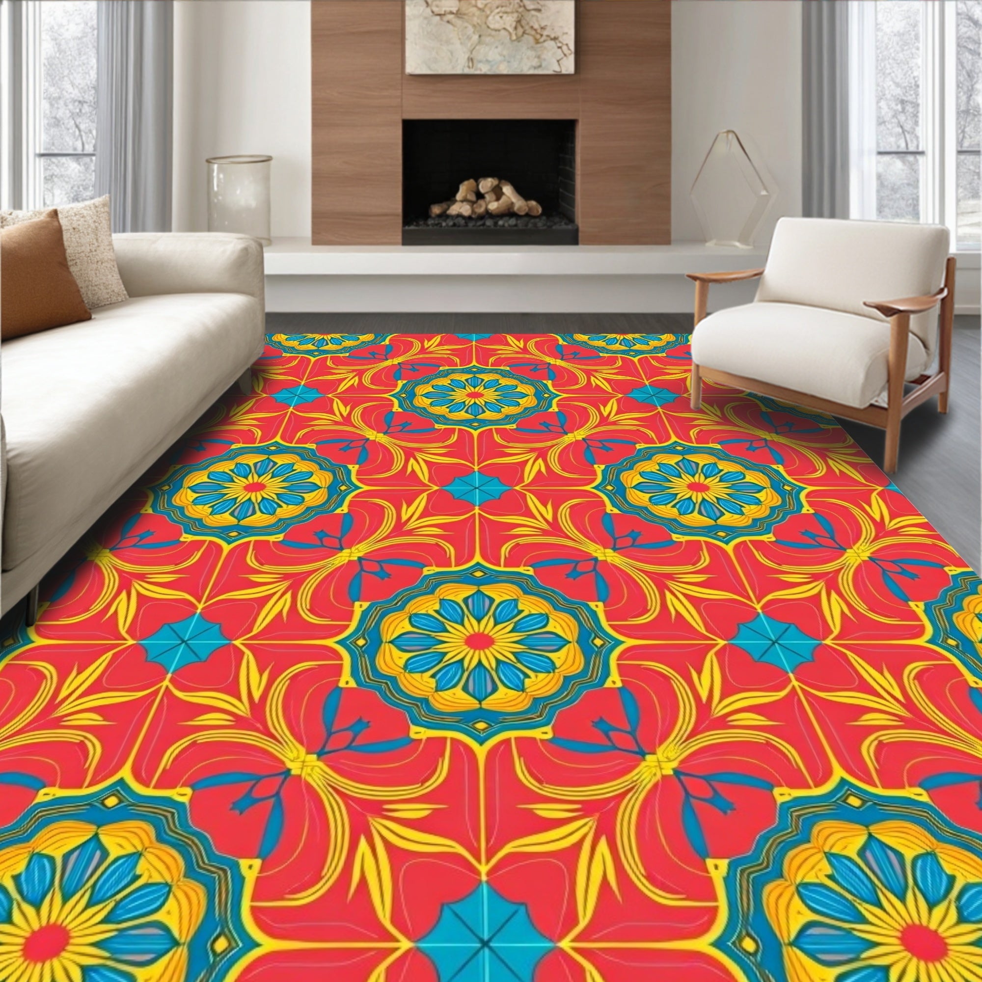 Vibrant Red Medallion Kaleidoscope Rug