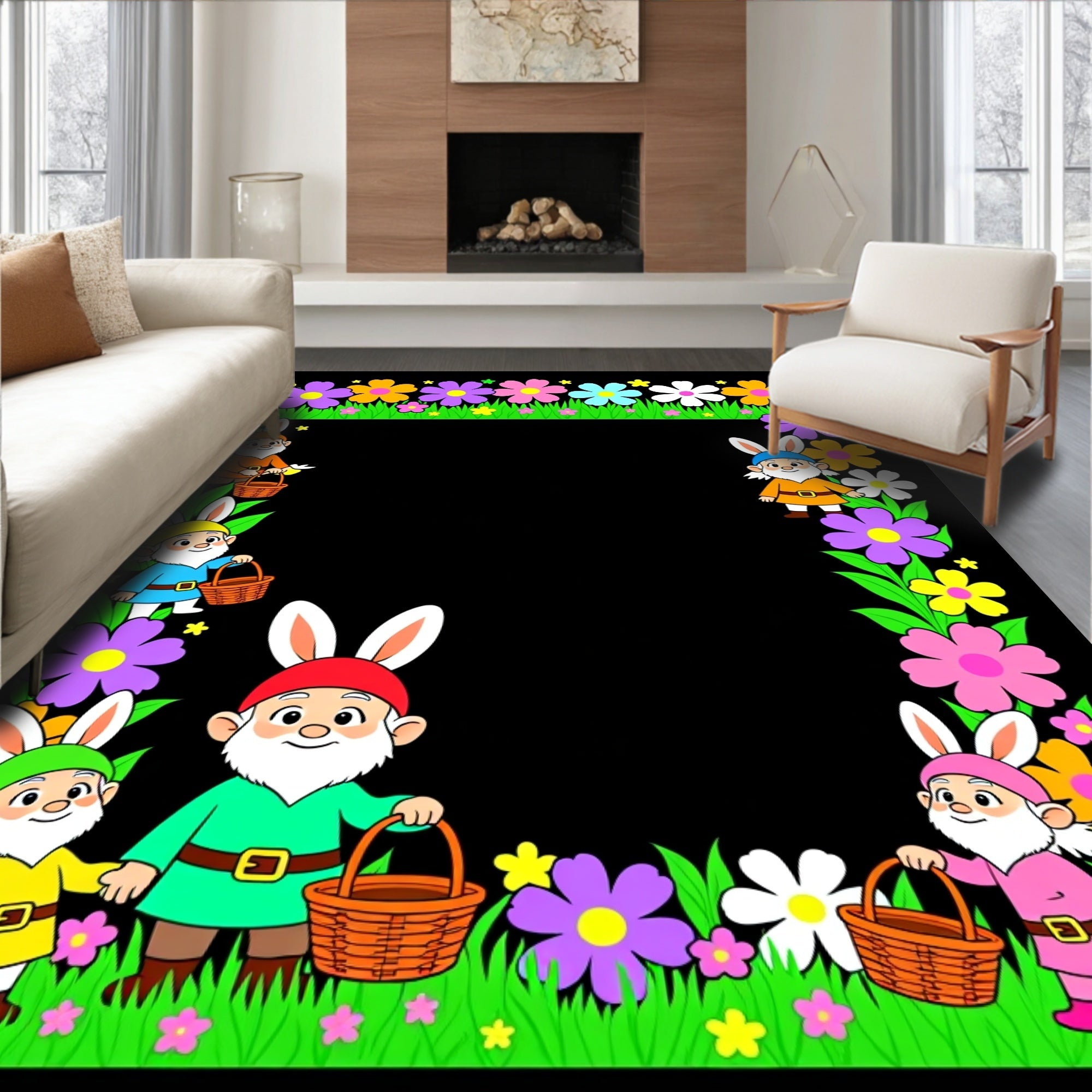 Whimsical Bunny Gnomes Flower Meadow Rug