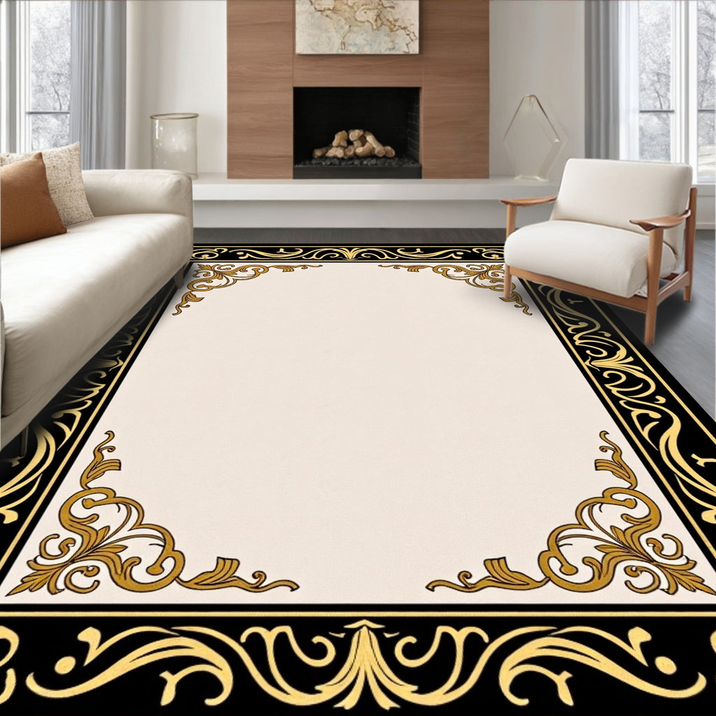 Black Gold Filigree Scroll Border Rug