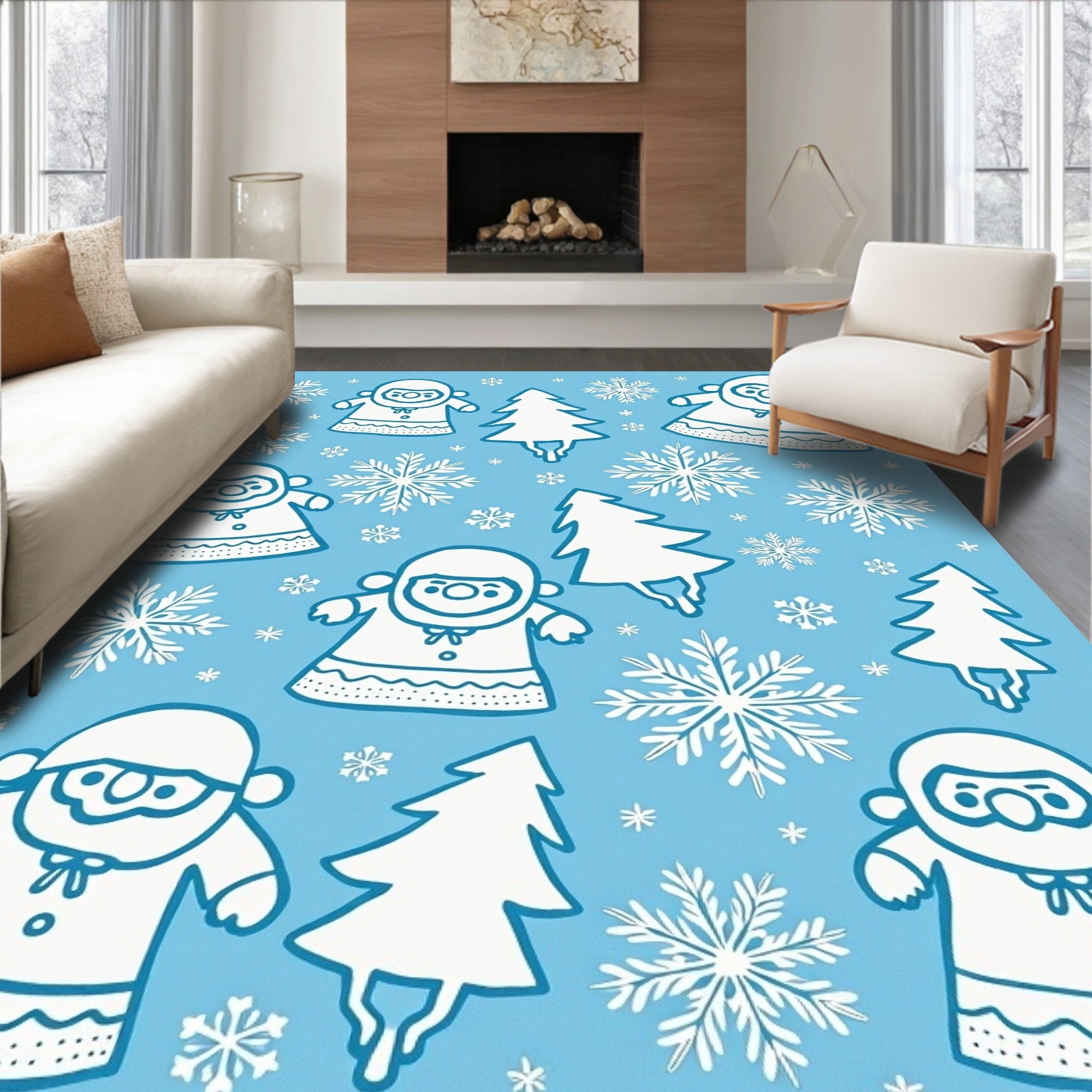 Blue Snowman Snowflake Christmas Trees Rug