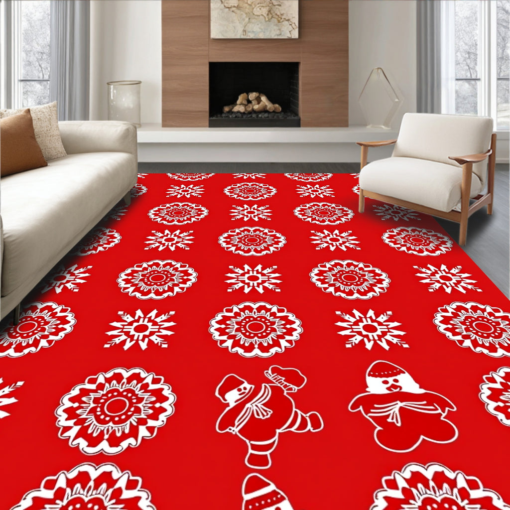 White Snowflakes and Snowmen on Red Rug