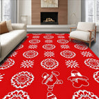 White Snowflakes and Snowmen on Red Rug