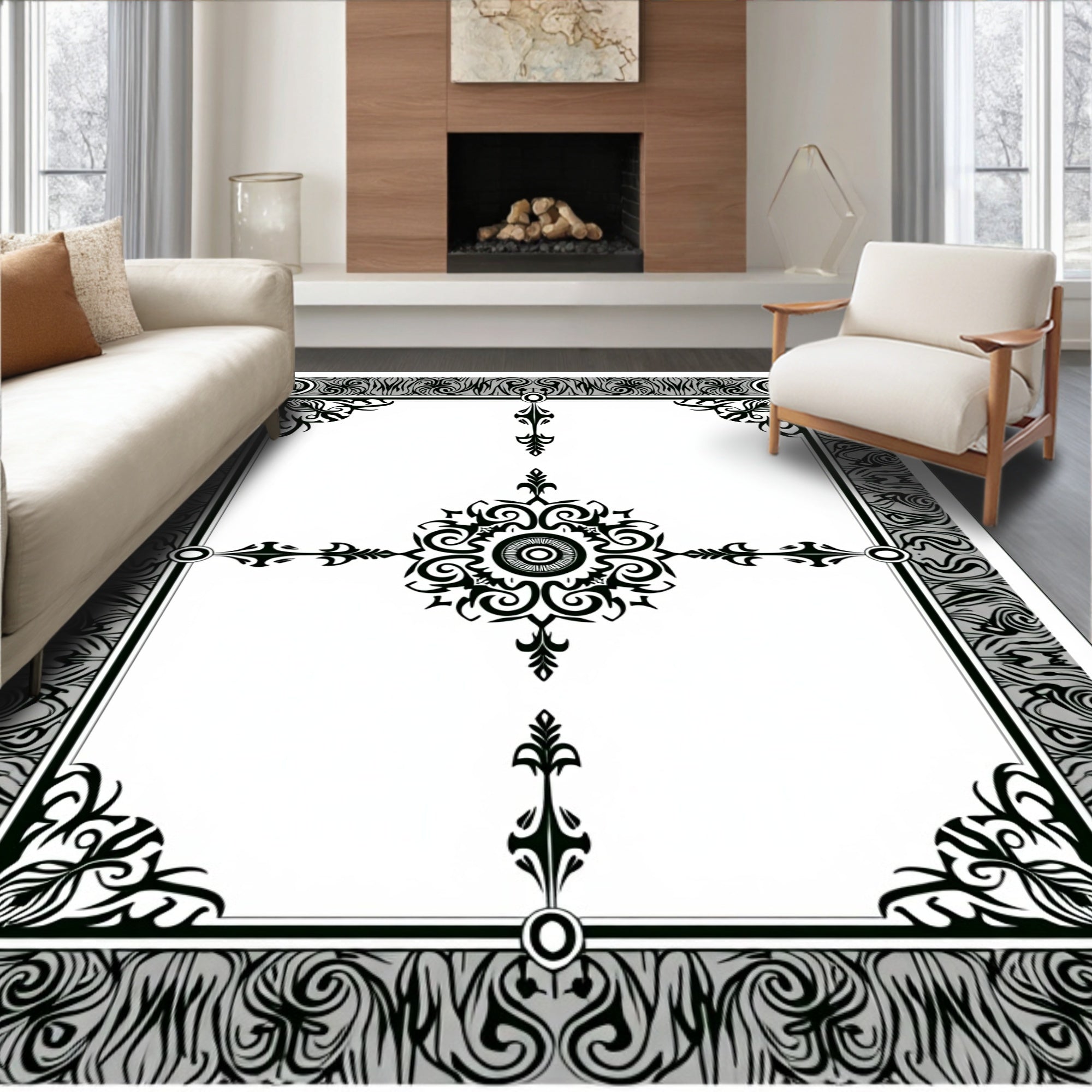 Black White Tribal Medallion Border Rug