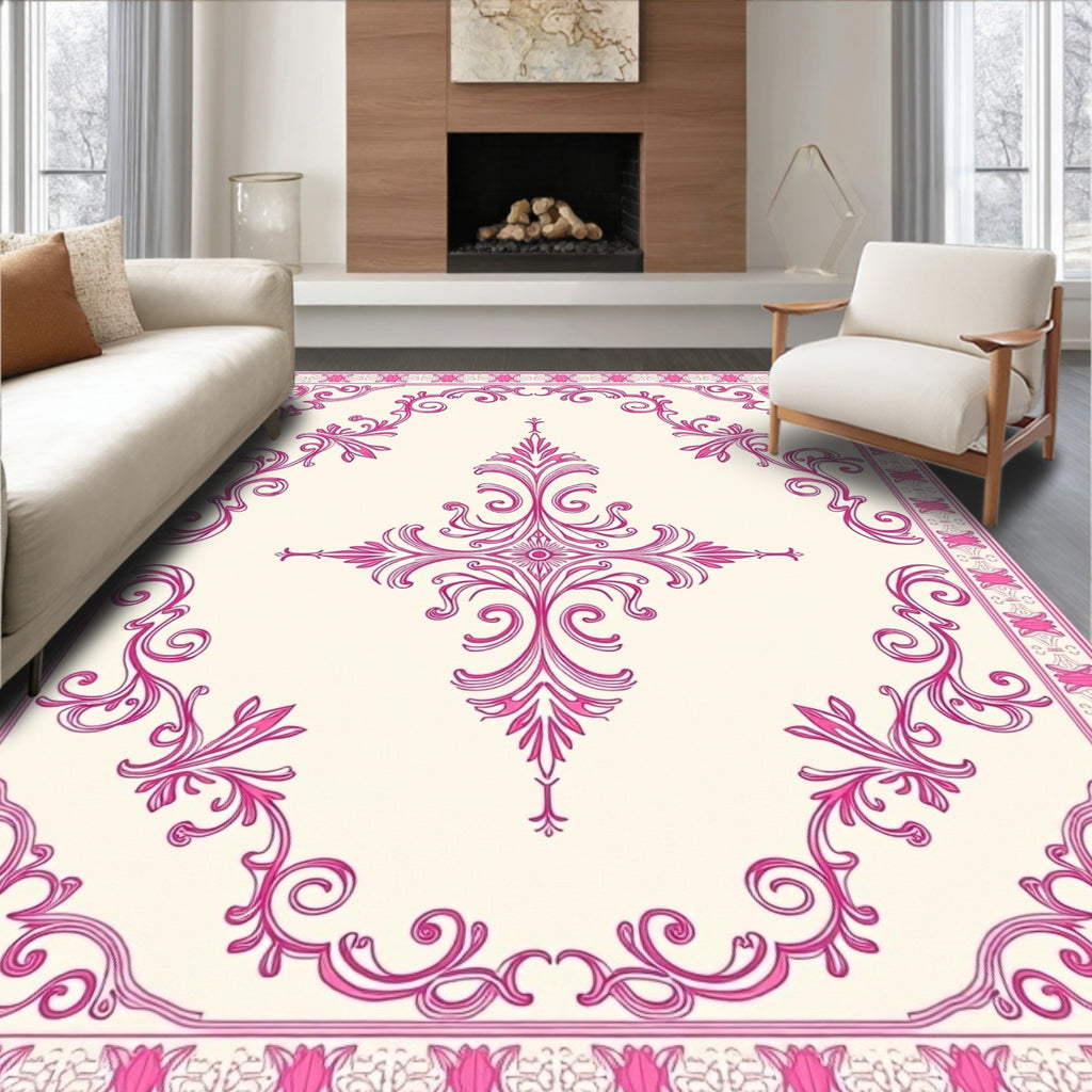 Classic Pink Floral Scroll Medallion Rug