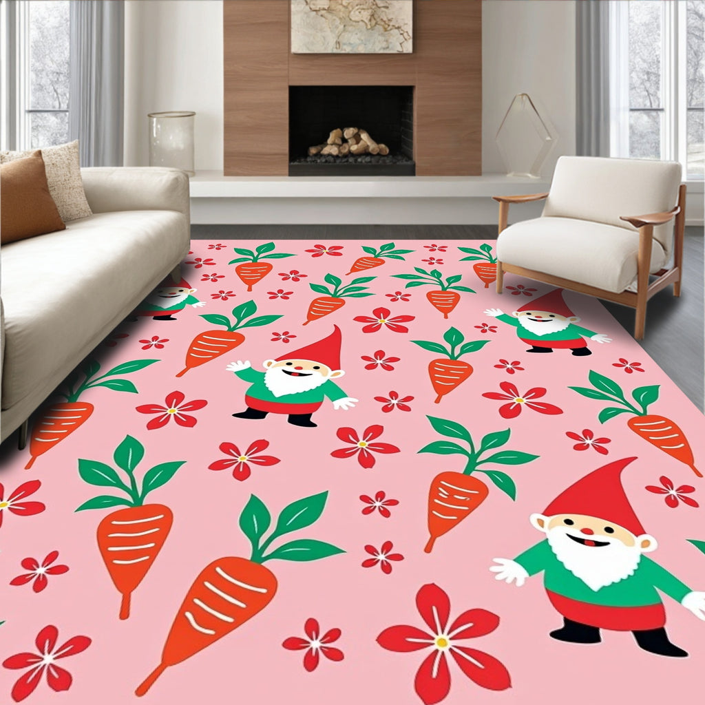Whimsical Gnome Carrot Floral Pink Rug