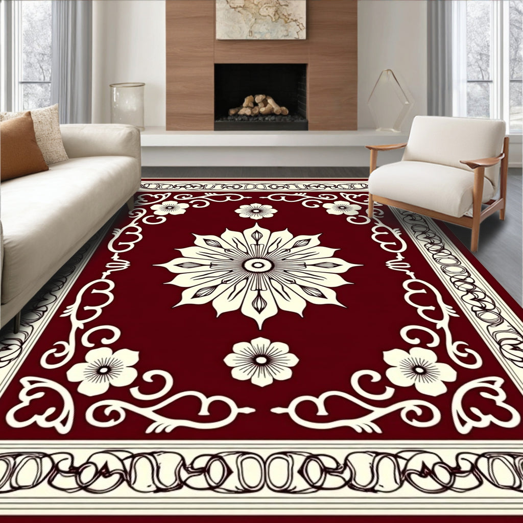 Ornate Bloom Emblem Crimson Area Rug