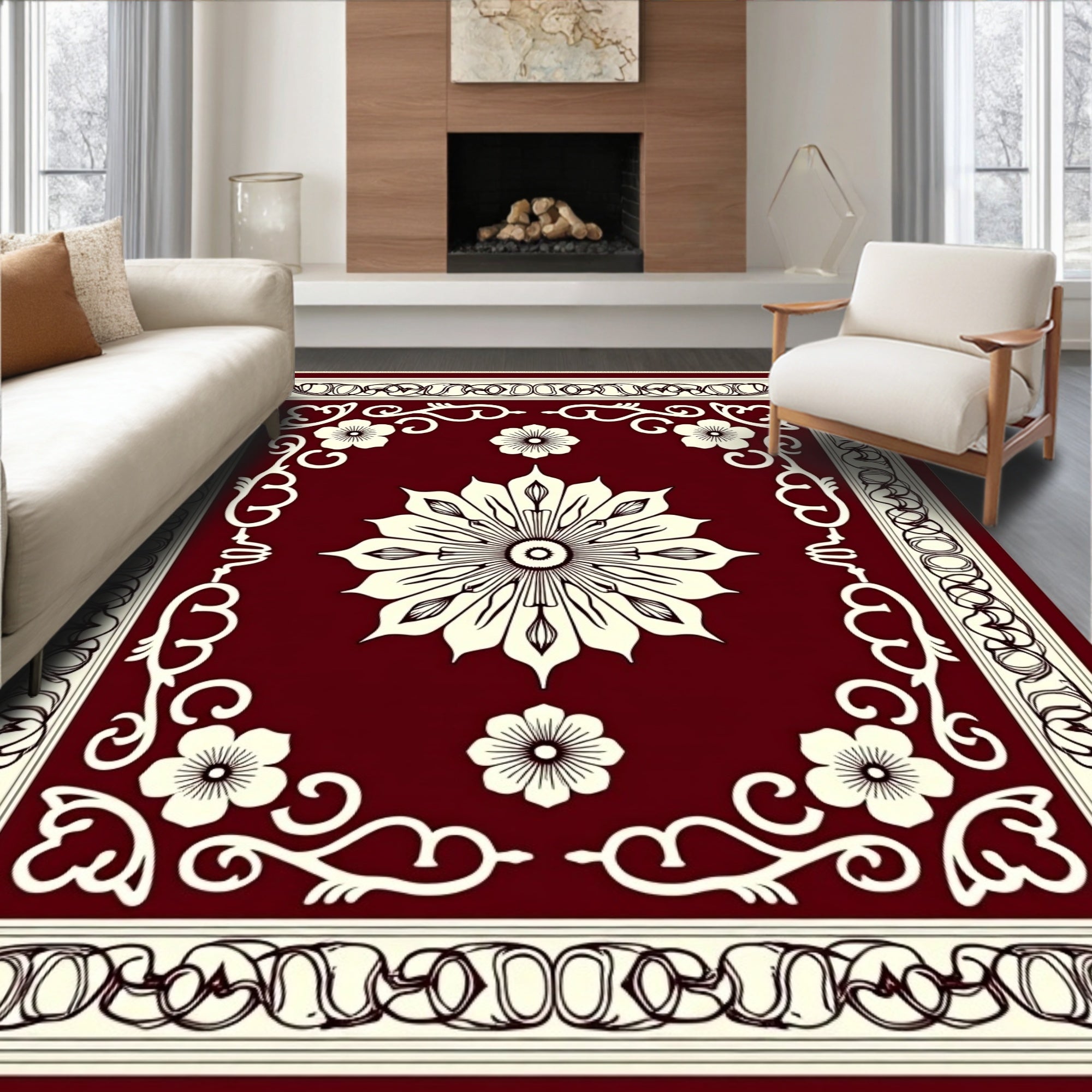 Ornate Bloom Emblem Crimson Area Rug