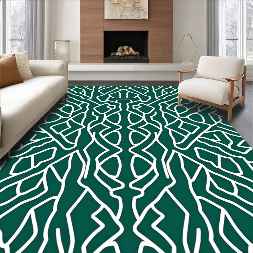Deep Green Abstract Interlocking Lines Rug